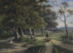 HENRIK BAREND KOEKOEK oil on canvas - wooded landscape with figure pushing barrow of firewood and