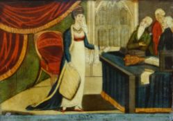 Coloured antique print on glass, entitled 'Mrs Clark's Examination before the Committee of the House