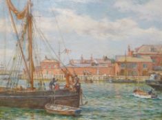 BERNARD GRIBBLE oil on board - busy British harbour, figures and buildings, signed, 11.5 x 15.