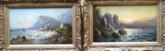 FRANK HIDER a pair of oil on canvas - coastal scenes with vessels, one entitled verso 'Lantern Rock,