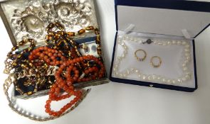 A parcel of bead jewellery, two gold plated rings, a strand of natural pearls etc