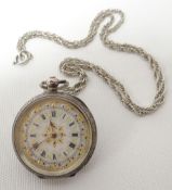 A silver ladies fob watch having floral chased case and white enamel fancy dial