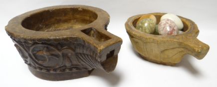 A primitive archaic or archaic style stoneware cooking or heating bowl with protruding tongue for