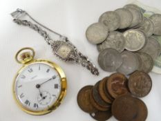 A tin of loose coinage, a marcasite cocktail watch, modern reproduction pocket watch etc