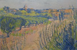 BIM GIARDELLI oil on board - Continental village landscape, signed and dated 1985, 19.25 x 29.