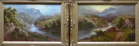 JR ESCOTT a pair of oil on canvas - Scottish highlands with with rivers and with lady on path with