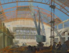 MILES acrylic on paper - 1950s major construction site with workmen and crane, signed and dated