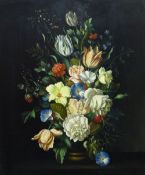 J REINHARDT oil on board - study of a variety of flowers on a black background, signed (faintly