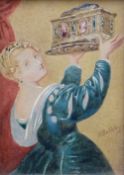 WILLIAM BUCKLEY miniature watercolour - lady raising a bejewelled casket, signed, 5 x 3.5ins (12 x