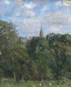 PETER KUHFELD acrylic on board (?) - cows grazing before tree-line with village beyond, entitled