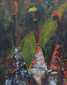 FLORIS JESPERS oil on board - three native figures with cooking or provision vessels, entitled verso