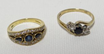 An 18ct yellow gold three blue sapphire and diamond dress ring, 3.58gms; together with a 9ct