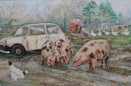 ALEX WILLIAMS oil on canvas - busy farmyard scene with old Mini car, geese and poultry, signed, 24 x