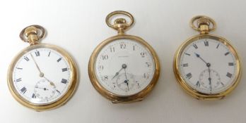 Three gold-plated pocket-watches comprising Waltham with floral chased case, and Dennison 'SUN'
