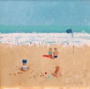 ROWELL TYSON oil on canvas - beach scene with sunbathers, signed and dated 1980, 12 x 12ins (30ins)