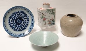 A rectangular based Chinese porcelain lidded tea-canister, enamel decorated with birds in trees to