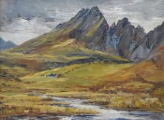 GRACE HOLLAND oil on board - mountainous landscape entitled verso 'The Cuillins - Skye', signed,