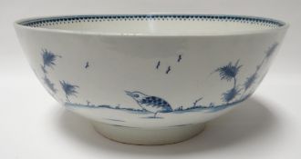 An uncommon eighteenth century Worcester porcelain blue and white footed bowl decorated with quail