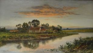 DANIEL SHERRIN oil on canvas - river landscape at sunset with boating figures and small village,