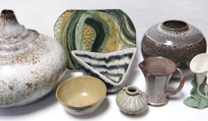 Eight items of British studio ceramics including a large onion-shaped vessel with label for