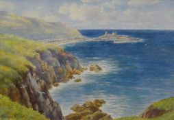 WARREN WILLIAMS ARCA watercolour - expansive coastalscape with harbour and castellated hill,