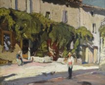 JOSEPH M HURARD oil on board - street with figures, one with scythe, signed,17 x 21ins (43 x 53cms)