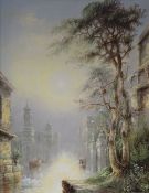 JAMES SALT oil on canvas - capriccio of a Venetian canal with gondolas and swans, signed, 35 x 27ins