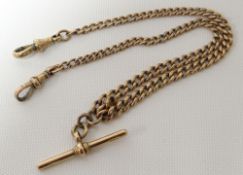 A 9ct gold watch chain with t-bar and two carabiners, 21gms