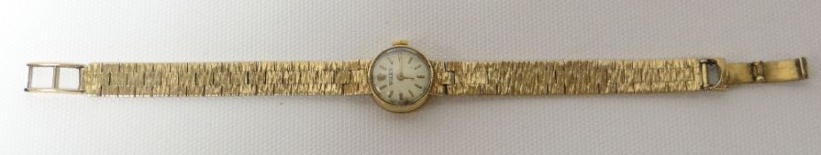 A Rolex 9ct yellow gold ladies wristwatch with textured bracelet, 18.8gms