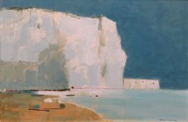 ROWELL TYSON oil on canvas - white cliffs and shore, entitled verso on Mall Galleries label verso '