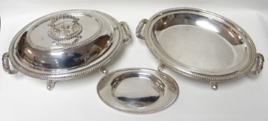 Three heavy quality EPNS tureens, one with lid, one with liner and one with neither; and a EPNS oval