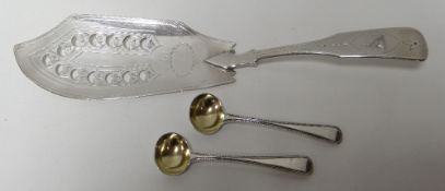 A Georgian silver fish-slice with pierce-work blade and etched decoration including feline crest