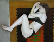 JEAN PALMER oil on board - lady in foetal position wearing only underwear, entitled 'Nude' verso