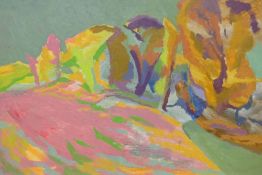 EUGENE FISK oil on board - colourful landscape entitled verso 'Llowes Common' on Kilvert Gallery