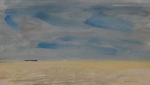 ROWELL TYSON watercolour - beach scene with single vessel at sea, signed and dated 1981, 11.25 x