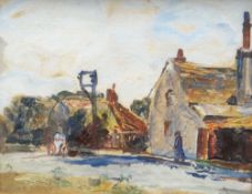 JEAN D ALEXANDER oil on board - village with figures, signed, 10.5 x 13.5ins (27 x 34cms)