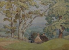H EYNON DAVIES watercolour - house and landscape entitled verso 'A Tapestry of Trees' signed, 10.5 x