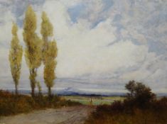 GEORGE CARLINE oil on canvas - landscape with figure and dog, signed, 18 x 23ins (46 x 58cms)