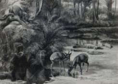EDMUND CALDWELL colourwash - two antelope, a leopard and two crocodiles in a jungle, entitled