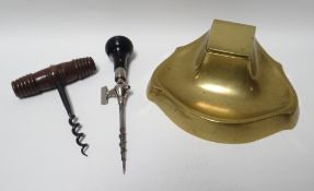 An art nouveau brass inkwell, impressed to the base GESCHUTZT; together with an antique corkscrew