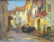 MAUDE JULLIOTT oil on board - Continental village courtyard with figures beside a boat, signed, 12.5