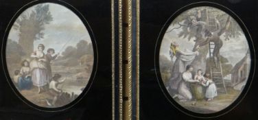 Pair of antique prints of vignettes in oval format and with black glass surrounding mounts, 11.5 x