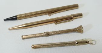 A 9ct gold machine-turned cocktail-twizzler, two 9ct gold propelling pencils, 47gms total gross; and