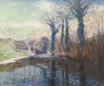 HENRY WILLIAM PHELAN GIBB oil on canvas - river scene, entitled verso 'The Lyn, Above Brendon,