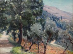 GABRIEL THOMPSON oil on board - Continental hillside with trees, signed, 10 x  13ins (25 x 33cms)