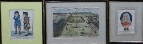 Three antique prints in Baxter style frames relating to the legal profession