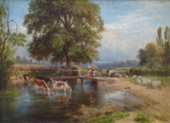 NINETEENTH CENTURY BRITISH SCHOOL oil on canvas - cattle, sheep and figures at a river bridge,