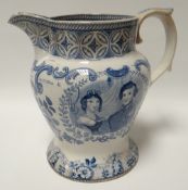 A nineteenth century blue and white Staffordshire commemorative jug for Queen Victoria, 6.25ins high