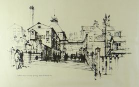 FALCON HILDRED print - black and white street scene with level crossing entitled 'Pasture Street