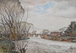 ROY BEDDINGTON watercolour - river scene entitled verso 'Crickhowell Bridge', signed, 10.25 x
